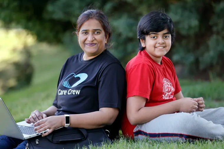 Vidya Iyer and her 12 year old son, Neel Shukla, were photographed in West Deptford on May 13, 2020.