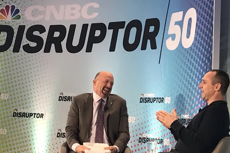 Michael Rubin, lead owner of ShopRunner, Fanatics and RueLaLa and an owner of the NBA 76ers, with TV host Jim Cramer in Philadelphia Oct. 25, 2018