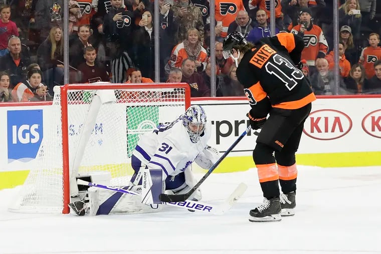 Maple Leafs goaltender Frederik Andersen stopping Flyers center Kevin Hayes' shoot-out attempt on Nov. 2. Hayes, who has four goals in the last six games, and the Flyers will host Toronto on Tuesday.