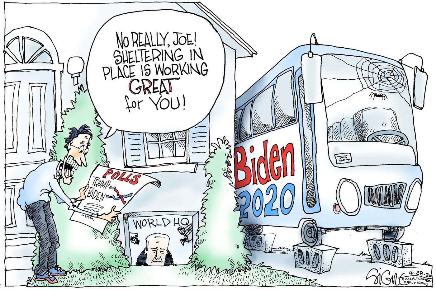 Political Cartoon: Joe Biden successfully shelters out of sight