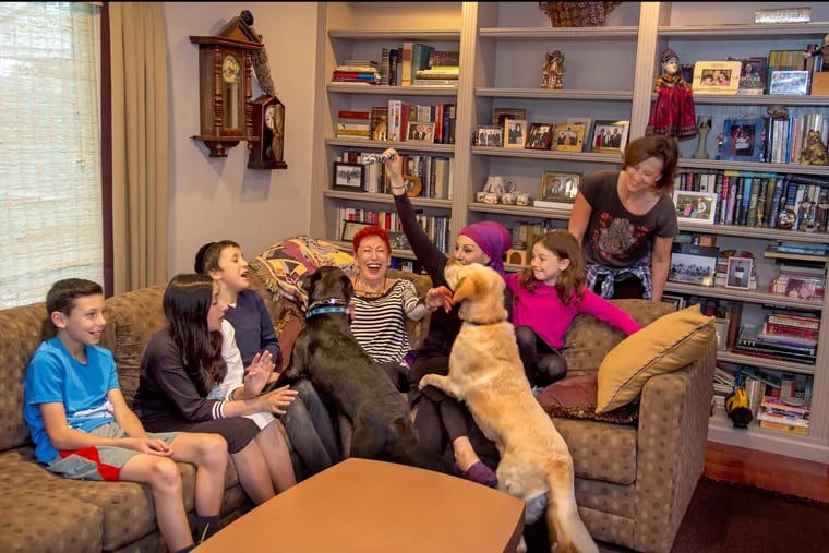 Marsha Dollinger (center) maid the chaos of dogs  and grandchildren in the family room of her Cherry Hill home From left are: grandchildren Aidan Woods, 12; Rivka Hirsch, 13; and Avraham Hirsch, 11; Dollinger; daughter Jamie Dollinger; granddaughter Devora Hirsch, 9; and daughter Jennifer Dollinger Woods. The Labrador retrievers – are Jett (left) and Puddles.