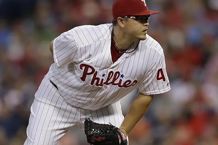 Philadelphia Phillies' Vance Worley pitches during a baseball game against the New York Mets, Tuesday, Aug. 28, 2012, in Philadelphia. (AP Photo/Matt Slocum)