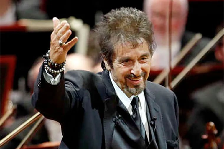 Special guest actor Al Pacino on stage with Music Director Yannick Nézet-Séguin and the Philadelphia Orchestra during the 158th Academy of Music Anniversary Concert and Ball on Saturday, Jan. 24, 2015. ( YONG KIM / Staff Photographer )