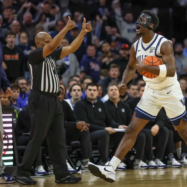 Villanova guard TJ Bamba during a game against Creighton on March 9 at the Wells Fargo Center. Bamba played through a facial fracture that forced him to wear a mask during the final six games of the season.