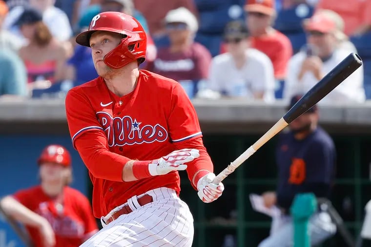 Rhys Hoskins went 2-for-2 with a walk as the designated hitter against the Tigers on Friday.
