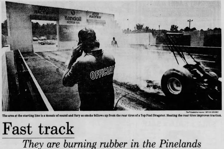 A Top Fuel Dragster takes off from the starting line at Atco Dragway, as shown in the Aug. 14, 1988, edition of The Inquirer.
