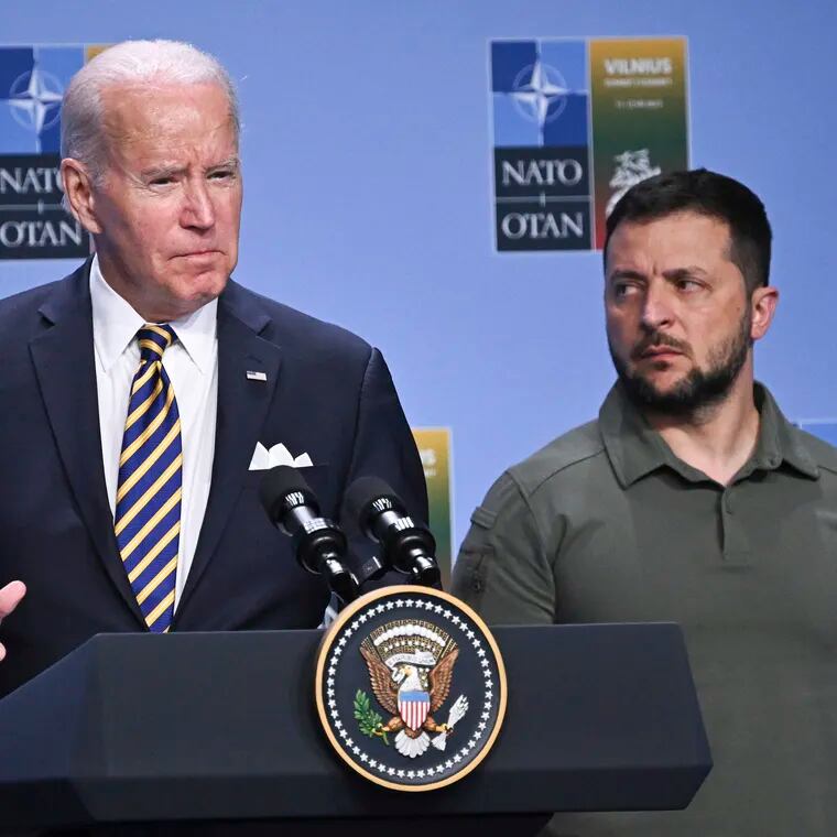 President Joe Biden speaks at an event with G7 leaders and Ukrainian President Volodymyr Zelensky during a 2023 NATO Summit, in Vilnius, Lithuania. Biden must act urgently and use his presidential authority to get aid to Kyiv, writes Trudy Rubin.