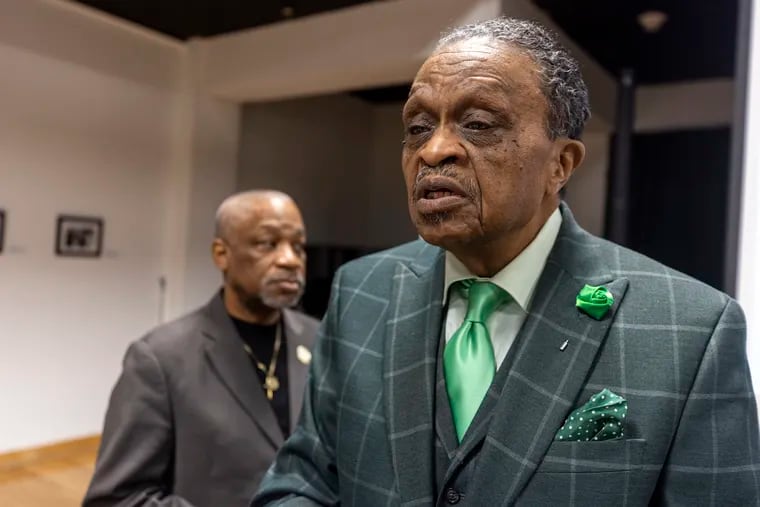 Rev. Robert Collier, president of the Black Clergy of Philadelphia and Vicinity, speaks at a press conference about his organization's support of the Sixers arena proposal at the African American Museum on Tuesday, Oct. 17, 2023.