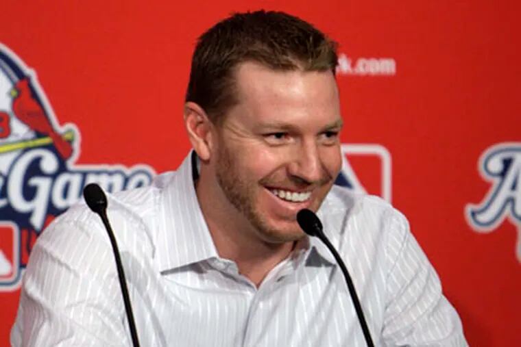 American League starting pitcher Roy Halladay, of the Toronto Blue Jays, speaks during a news conference announcing the lineups for the All-Star baseball game Monday, July 13, 2009, in St. Louis. (AP Photo/Jeff Roberson)