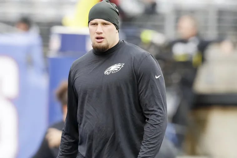 Eagles offensive tackle Lane Johnson during pregame warm-ups before the Eagles played the New York Giants on Sunday, December 17, 2017.
