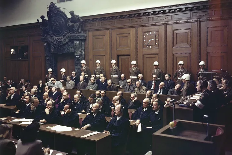 Defendants listen to part of the verdict in the Palace of Justice during the Nuremberg War Crimes Trial in Nuremberg, Germany on Sept. 30, 1946.