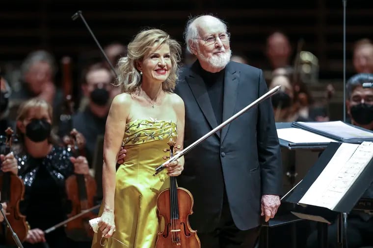 Composer and conductor John Williams and violinist Anne-Sophie Mutter in Verizon Hall Tuesday night.