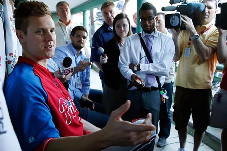 Philadelphia Phillies' Jonathan Papelbon talks with reporters before a baseball game against the Boston Red Sox in Boston, Monday, May 27, 2013. (AP Photo/Michael Dwyer)