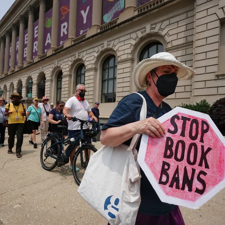 A group of protesters marched from the Parkway Central Library to 12th and Market Streets. The protesters were against the banning of books among other educational issues, during the Moms for Liberty convention in Center City, Philadelphia, Friday, June 30, 2023.