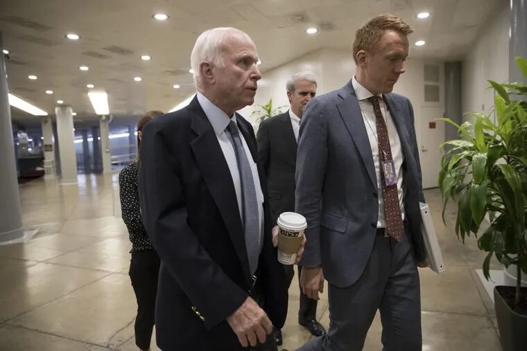 Sen. John McCain,  chairman of the Senate Armed Services Committee, arrives for a closed-door briefing on Oct. 26 on the situation in Niger.