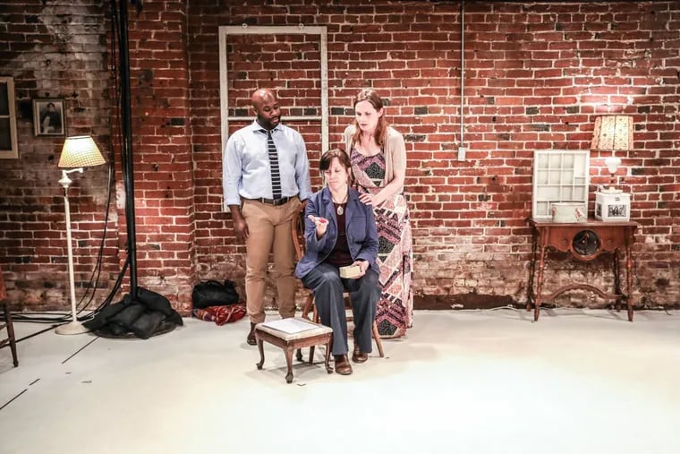 (Left to right:) Akeem Davis, MB Scallen, and Julianna Zinkel in “Splinter and Crack” by Juniper Productions, through May 13.