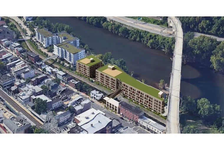 A conceptual rendering of a new apartment proposal for Manayunk's Venice Island. Flooding concerns have given critics of the plan pause about additional development on the island.