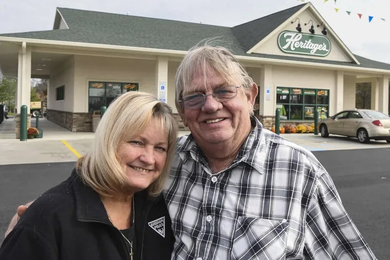 Harold “Skeeter” Heritage, 68, President of Heritage’s Dairy Stores, and his wife Pat, VP of Heritage’s Dairy Stores, outside their newest location, the 33rd store in the chain, on Grove Road in Thorofare, NJ on November 14, 2017.  They have been married 27 years.