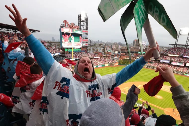 Darren Johnston of Northeast Philly reacts to Bryce Harper's go ahead home run in Game 5 of the National League Championship Series on Sunday.