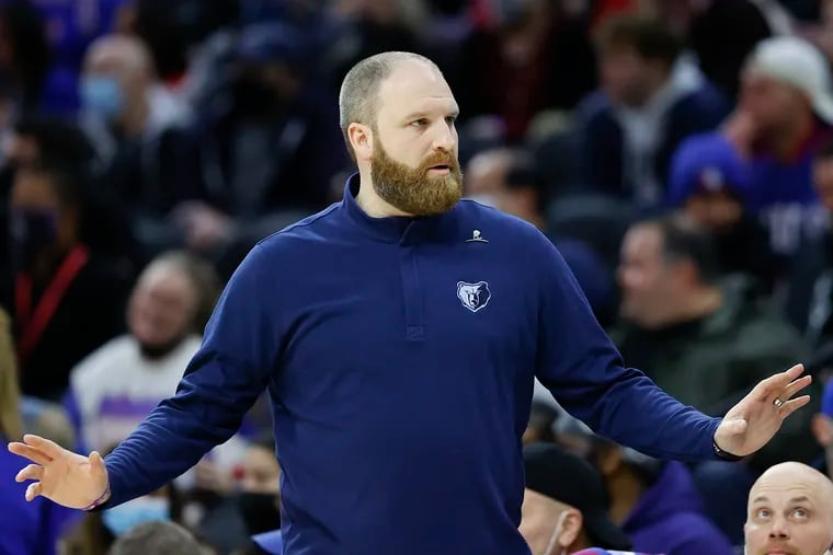 Memphis Grizzlies head coach Taylor Jenkins watching his team play the Sixers during the first quarter on Jan. 31 in Philadelphia.