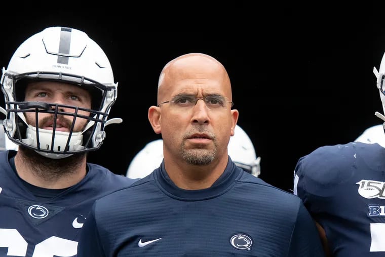 Penn State head coach James Franklin leads his team onto the field for a game against Pittsburgh  on Sept. 14, 2019.