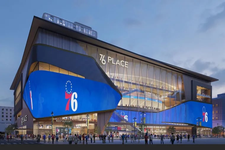 This artist's rendering shows the Market Street entrance of the proposed Sixers arena that would be located in Center City Philadelphia.