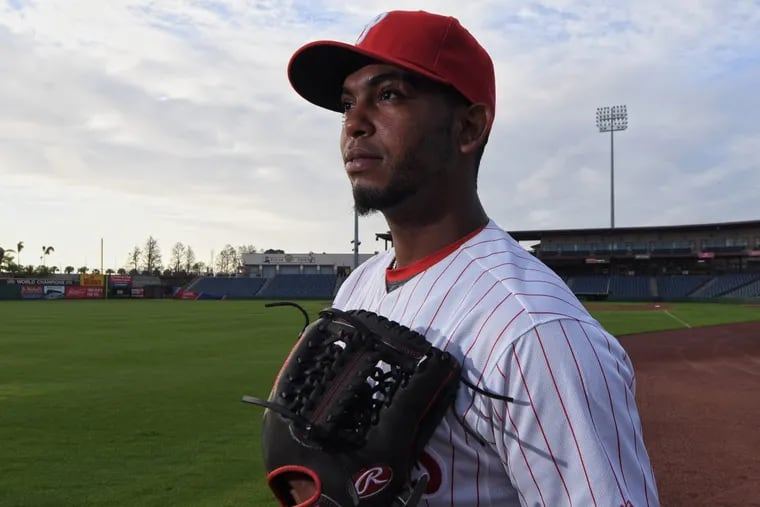 Phillies Seranthomy Dominguez is photograph at spring training, Spectrum Field, in Clearwater Florida. Tuesday, Feb. 20, 2018.