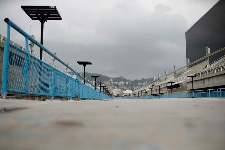 The Sambadrome parade runway stood empty in Rio de Janeiro, Brazil, on Monday.