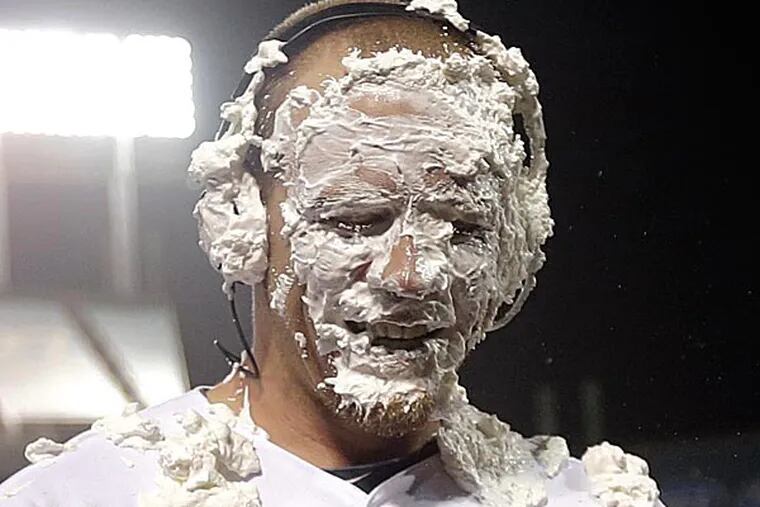 Oakland's Brandon Moss didn't wait for his teammates to play the traditional postgame TV interview prank. (Marcio Jose Sanchez/AP)