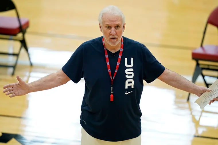 Gregg Popovich, Team USA's head coach, speaks with his players during training in Las Vegas.