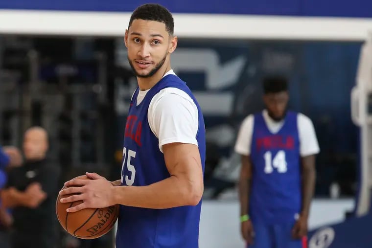 Ben Simmons looks back during a scrimmage at the 76ers training complex  in Camden on Wednesday.