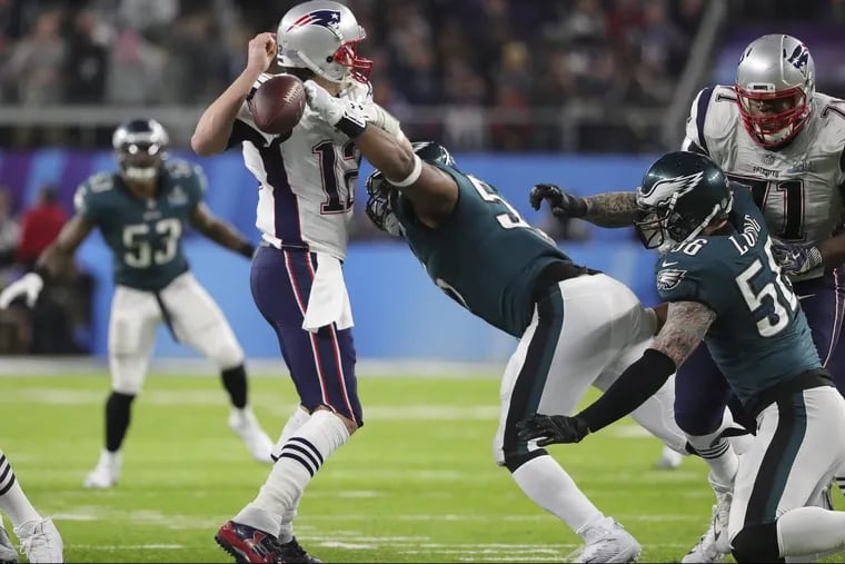 In a huge fourth-quarter play, Brandon Brandon Graham forced this crucial Super Bowl fumble by Tom Brady despite a high ankle sprain that eventually required surgery. Graham is starting training camp on the PUP list as he recovers. Derek Barnett recovered the fumble. DAVID MAIALETTI / Staff Photographer