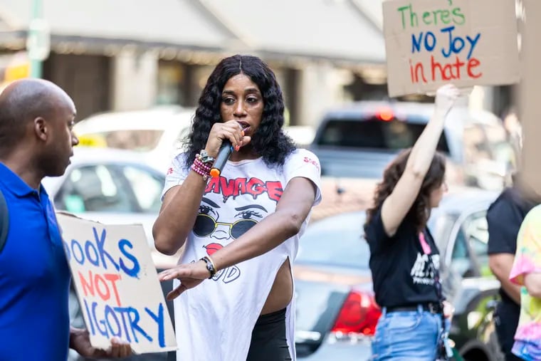 Jazmyne Henderson, of ACT UP Philadelphia and Black and Latinx Community Control of Health, speaking during a protest outside the Marriott, which is set to host Moms for Liberty’s National Summit in Philadelphia this week.