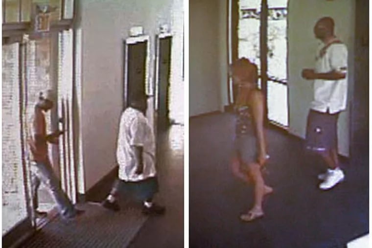 Left: Surveillance of suspects who police say gunned down Rian Thal and Timothy Gilmore at the Navona apartment building in the Piazza at Schmidts complex. Right: Thal and Gilmore enter the building.