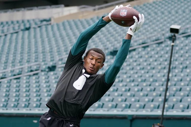 Eagles wide receiver DeVonta Smith makes a catch during practice at Lincoln Financial Field last month.