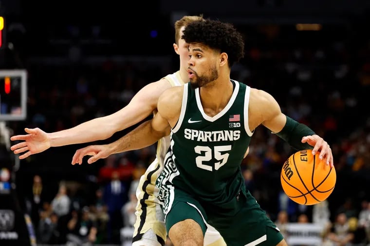 Malik Hall #25 of the Michigan State Spartans goes to the basket against Fletcher Loyer #2 of the Purdue Boilermakers in the second half at Target Center in the Quarterfinals of the Big Ten Tournament on March 15, 2024 in Minneapolis, Minnesota.