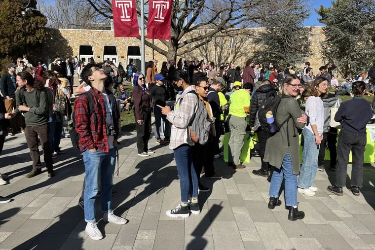Temple University students walked out of class on Feb. 15, 2023, in solidarity with the university's graduate student teaching and research assistants on strike.