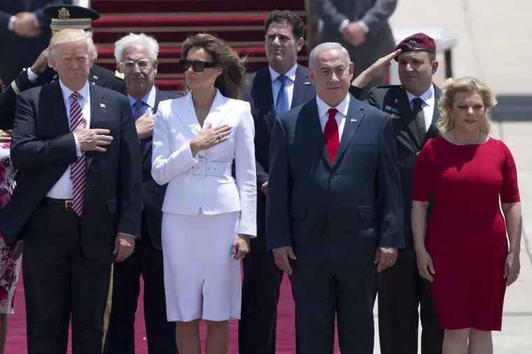 President Trump and his wife Melania with Israeli Prime Minister Benjamin Netanyahu and his wife Sara  during the welcoming ceremony in Tel Aviv, on Monday, May 22,2017.