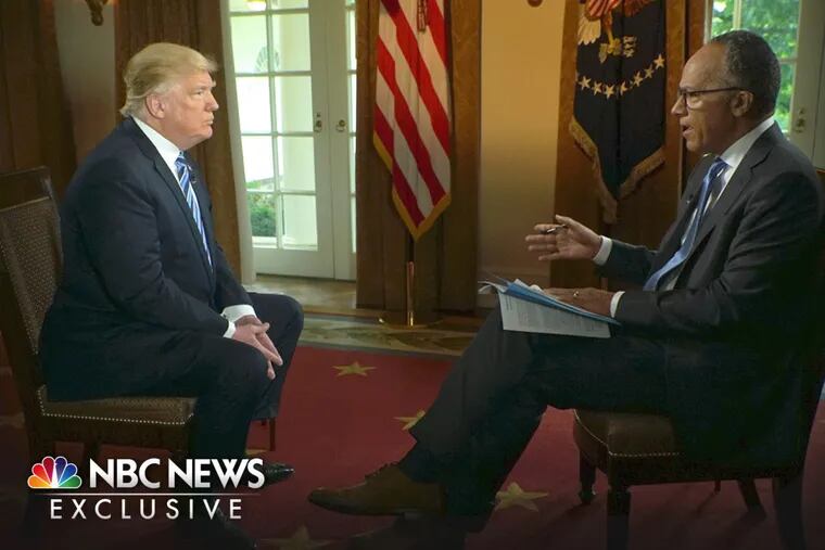 In a study by the Shorenstein Center at Harvard’s Kennedy School of Government, NBC tied with CNN in negative coverage of President Trump, shown here being interviewed by Lester Holt on May 11.