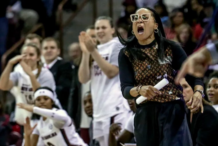 In this Jan. 2, 2020, file photo, South Carolina coach Dawn Staley disputes a call during the second half of  a basketball game against Kentucky.