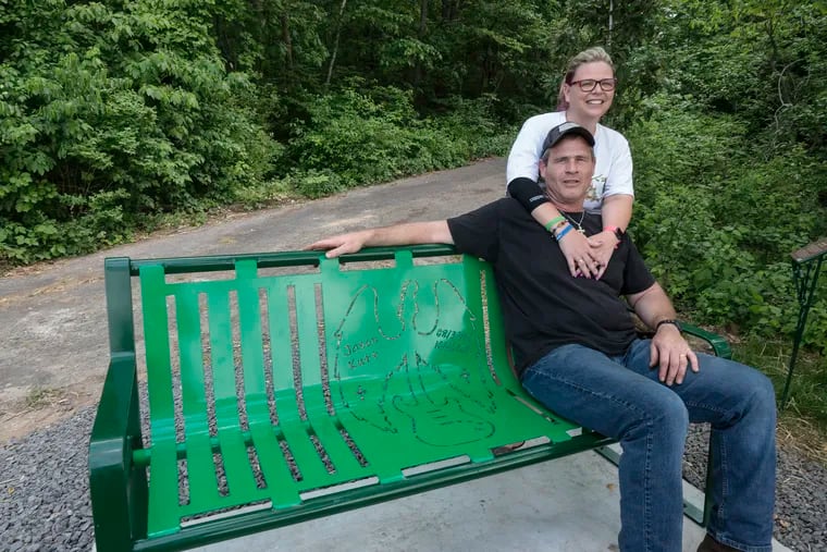 Jason Kutt was killed late last year when a hunter accidentally shot him as he sat with his girlfriend by Lake Nockamixon. His parents, Dana and Ron, have dedicated this bench to him at the site of his death.