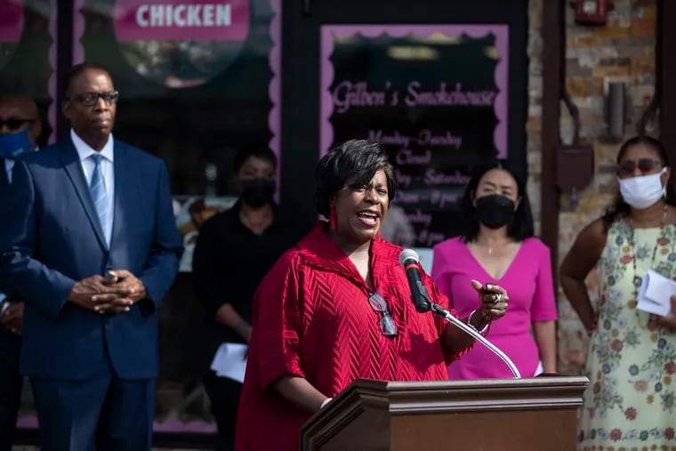 Then-City Councilmember Cherelle L. Parker speaks at a 2021 news conference on Council's $400 million Neighborhood Preservation Initiative, which included funding for affordable housing programs.