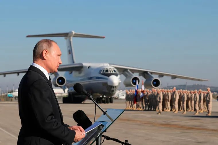 On Dec. 12, 2017,, Russian President Vladimir Putin addressed the troops at the Hemeimeem air base in Syria.