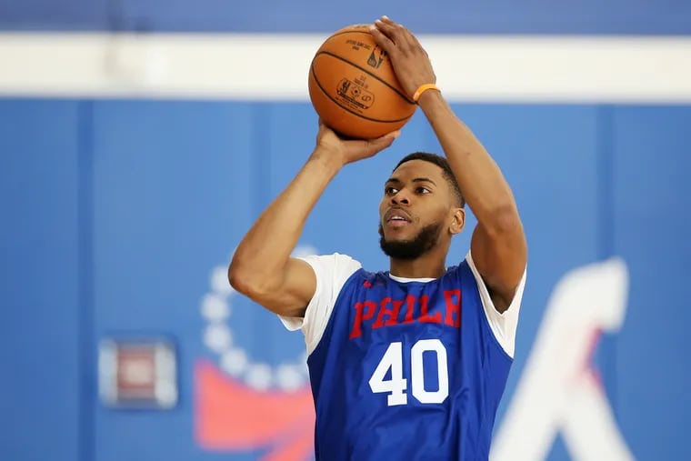 The Sixers' Glenn Robinson III shoots at the end of practice on Wednesday at the Sixers Training Complex in Camden, N.J.