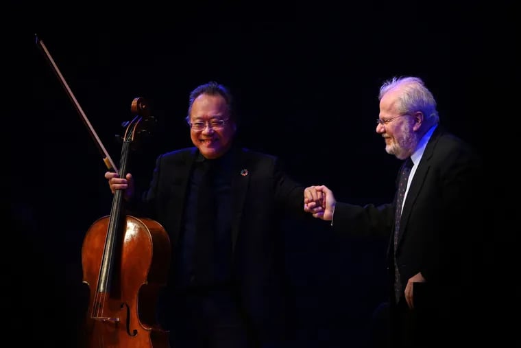 Cellist Yo-Yo Ma and pianist Emanuel Ax accepting the applause of a Verizon Hall crowd on Saturday.