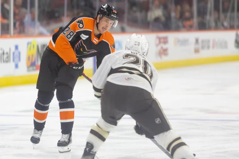 Olle Lycksell shoots at the Lehigh Valley Phantoms game against the Hershey Bears in November.