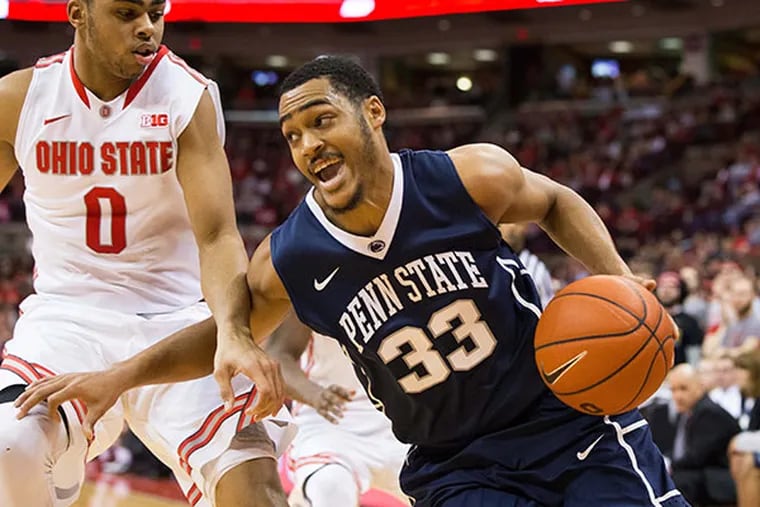 Penn State guard Shep Garner (33) drives past Ohio State guard D'Angelo Russell (0). (Greg Bartram/USA Today)