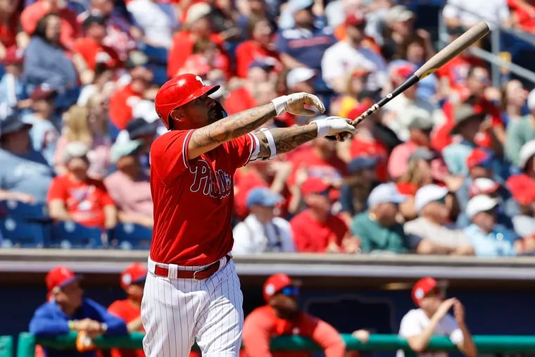 The Phillies' Nick Castellanos watches his two-run home run in the first inning against the Braves on Tuesday.