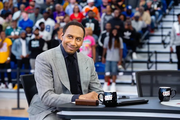 Host Stephen A. Smith awaits the start of the show during the live production of the ESPN's "First Take" Friday at the 76ers Fieldhouse in Wilmington.