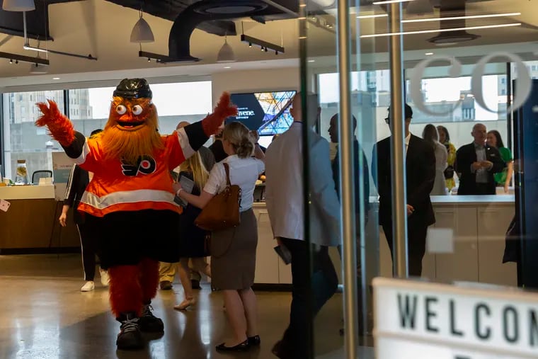Gritty makes his exit from Philly Tech Week in Center City, Philadelphia last year Thursday, May 09, 2019. The popular Flyers mascot made a special appearance after "The Brains Behind Gritty" panel.